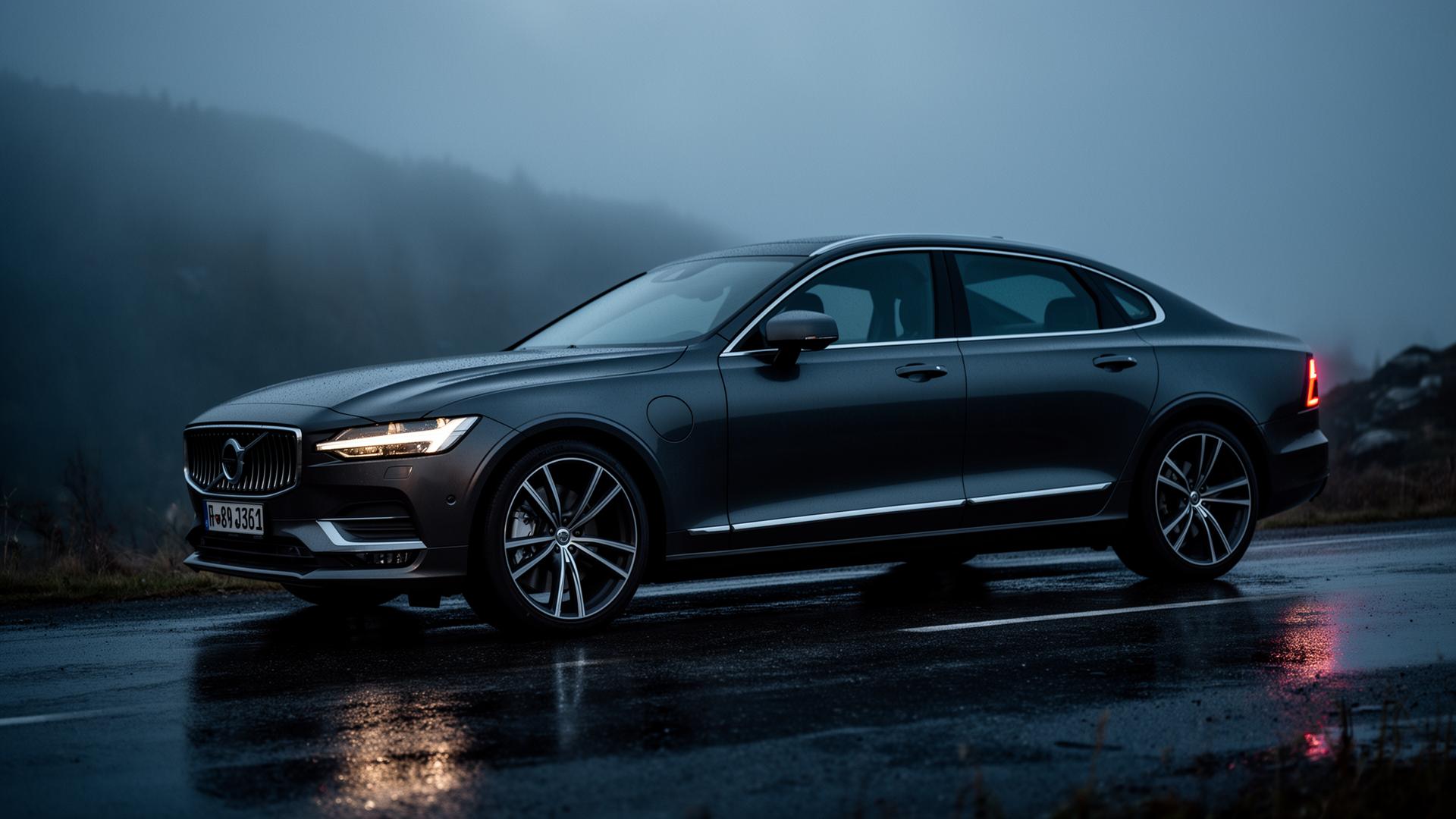 sedan op een Scandinavische weg bij schemering